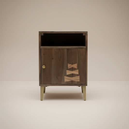 Liora Bow-Inlay Bedside Table – Shelf & Door Storage
