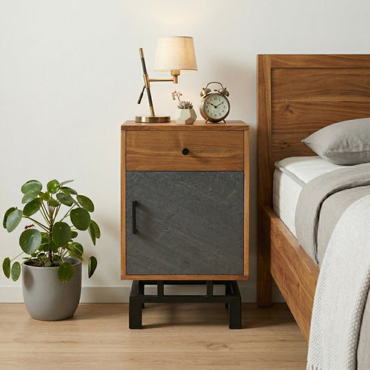 Mirov Acacia Bedside Table – Stone Veneer & Iron Base