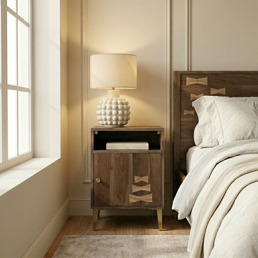 Liora Bow-Inlay Bedside Table – Shelf & Door Storage