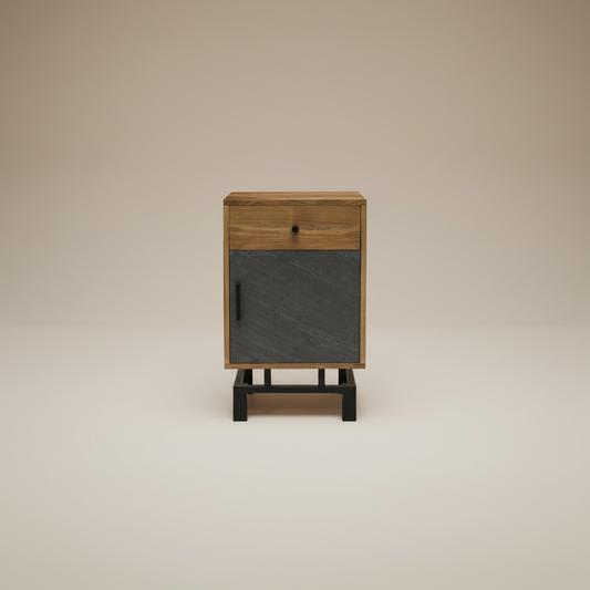 Mirov Acacia Bedside Table – Stone Veneer & Iron Base