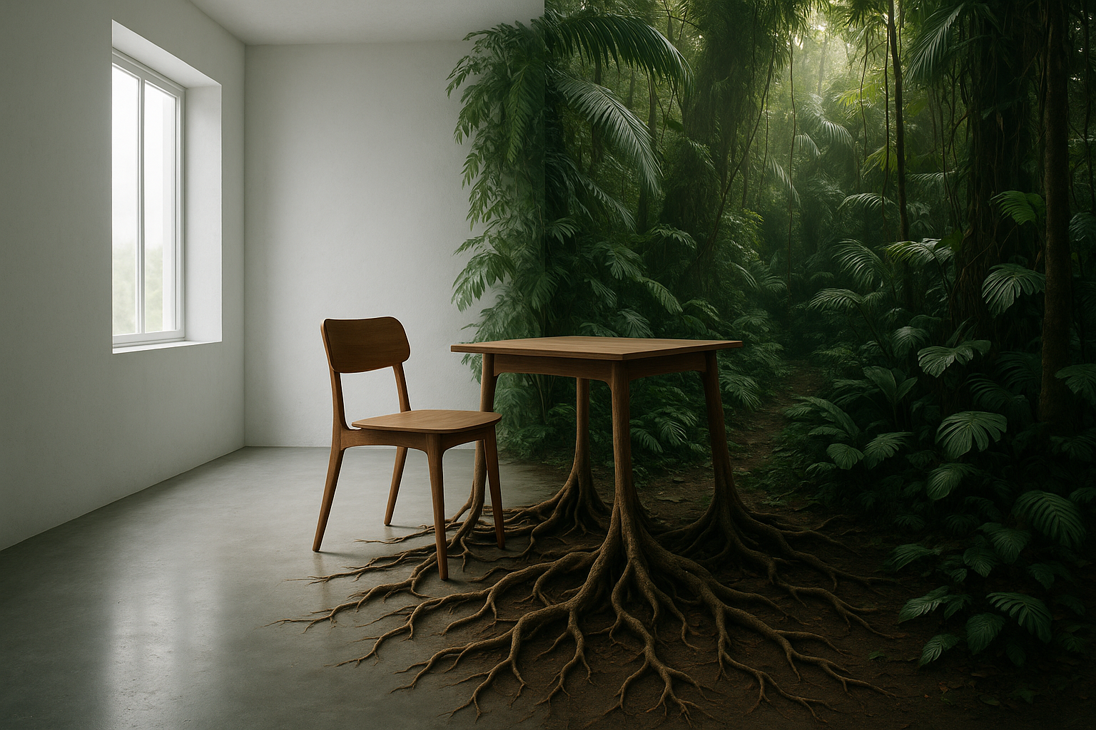 A photorealistic and ultra-detailed image showing a fusion of two spaces. The left side is a clean, minimalist room with white walls, a large window, and a polished concrete floor. The right side is a dense, lush jungle. In the middle, a modern wooden chair and a wooden table stand, with their legs transitioning into roots that are part of the jungle floor. The image should be highly detailed, cinematic, and have a surreal quality