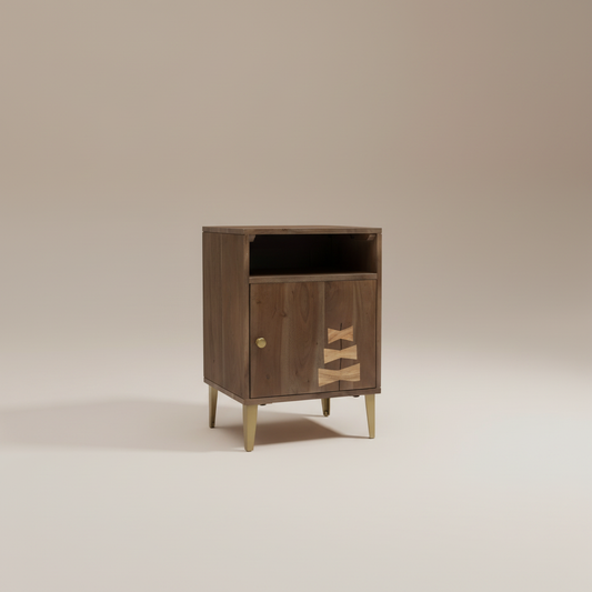 Liora Bow-Inlay Bedside Table – Shelf & Door Storage